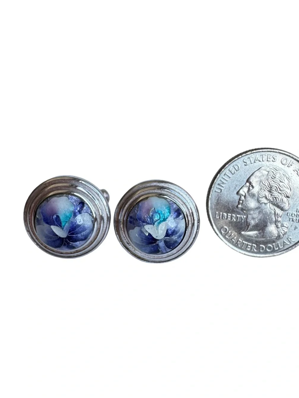 Japanese Cloisonne Cufflinks Blue White Floral Enamel Vintage Wedding Suits Wear